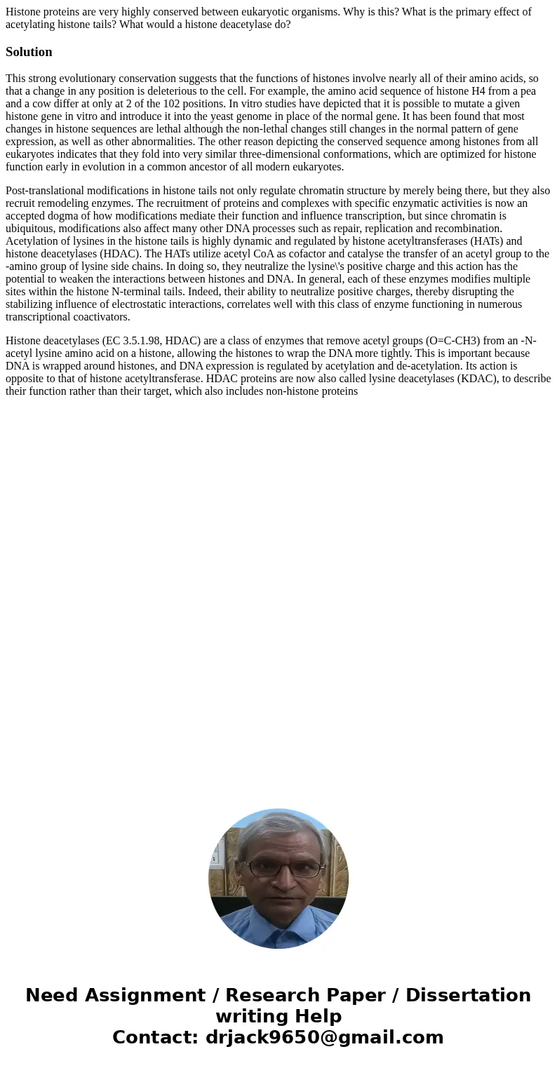 Histone proteins are very highly conserved between eukaryotic organisms. Why is this? What is the primary effect of acetylating histone tails? What would a hist Histone proteins are very highly conserved between eukaryotic organisms. Why is this? What is the primary effect of acetylating histone tails? What would a hist