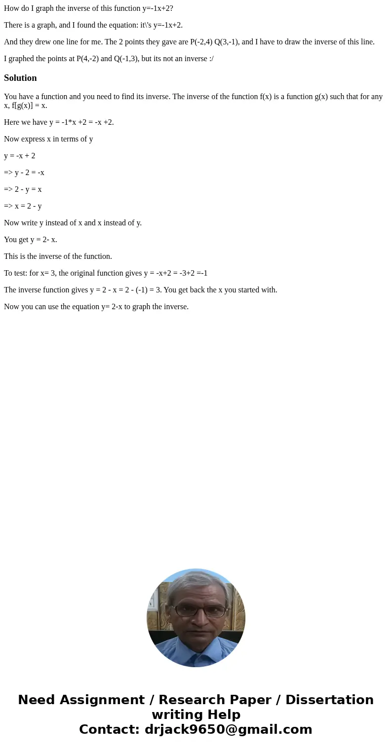 How do I graph the inverse of this function y=-1x+2? There is a graph, and I found the equation: it\'s y=-1x+2. And they drew one line for me. The 2 points they How do I graph the inverse of this function y=-1x+2? There is a graph, and I found the equation: it\'s y=-1x+2. And they drew one line for me. The 2 points they