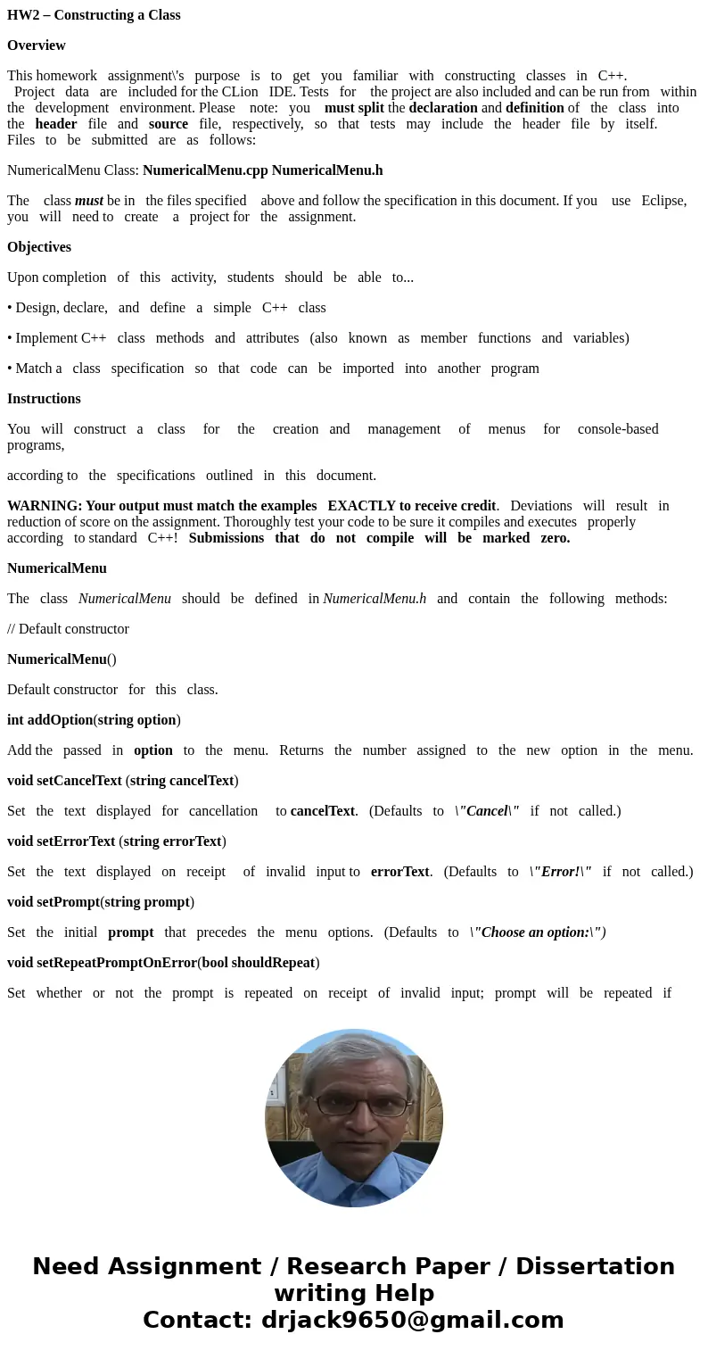 HW2 – Constructing a Class Overview This homework assignment\'s purpose is to get you familiar with constructing classes in C++. Project data are included for t HW2 – Constructing a Class Overview This homework assignment\'s purpose is to get you familiar with constructing classes in C++. Project data are included for t