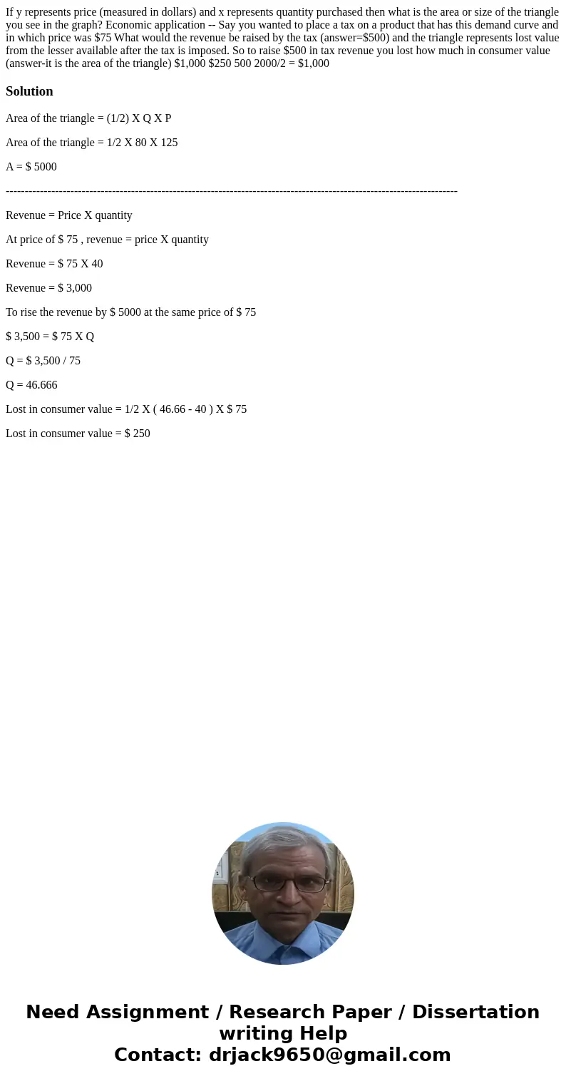  If y represents price (measured in dollars) and x represents quantity purchased then what is the area or size of the triangle you see in the graph? Economic ap