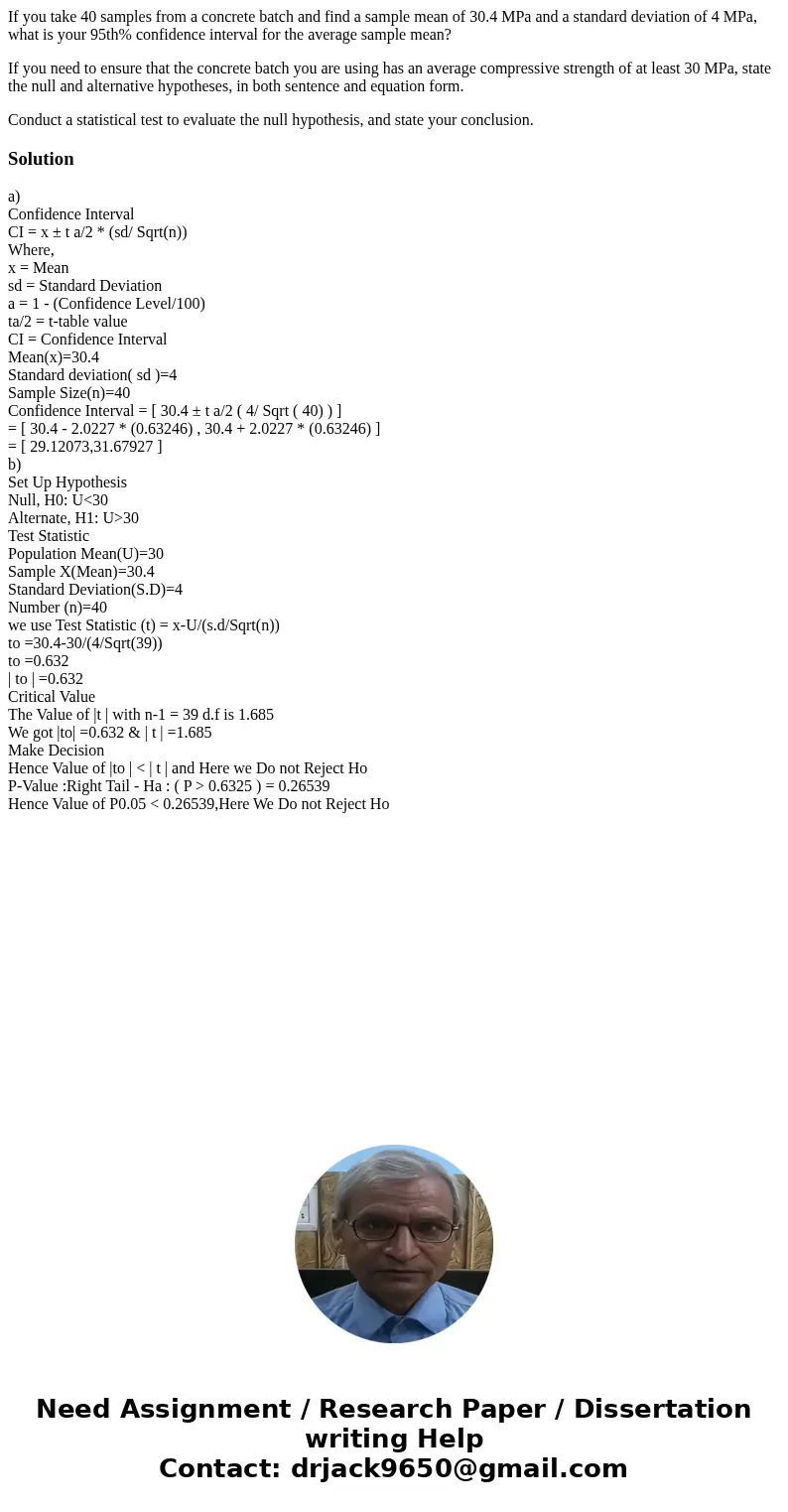 If you take 40 samples from a concrete batch and find a sample mean of 30.4 MPa and a standard deviation of 4 MPa, what is your 95th% confidence interval for th