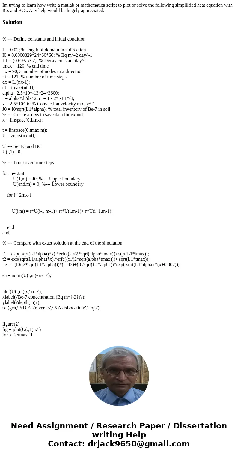 Im trying to learn how write a matlab or mathematica script to plot or solve the following simplilfied heat equation with ICs and BCs: Any help would be hugely  Im trying to learn how write a matlab or mathematica script to plot or solve the following simplilfied heat equation with ICs and BCs: Any help would be hugely