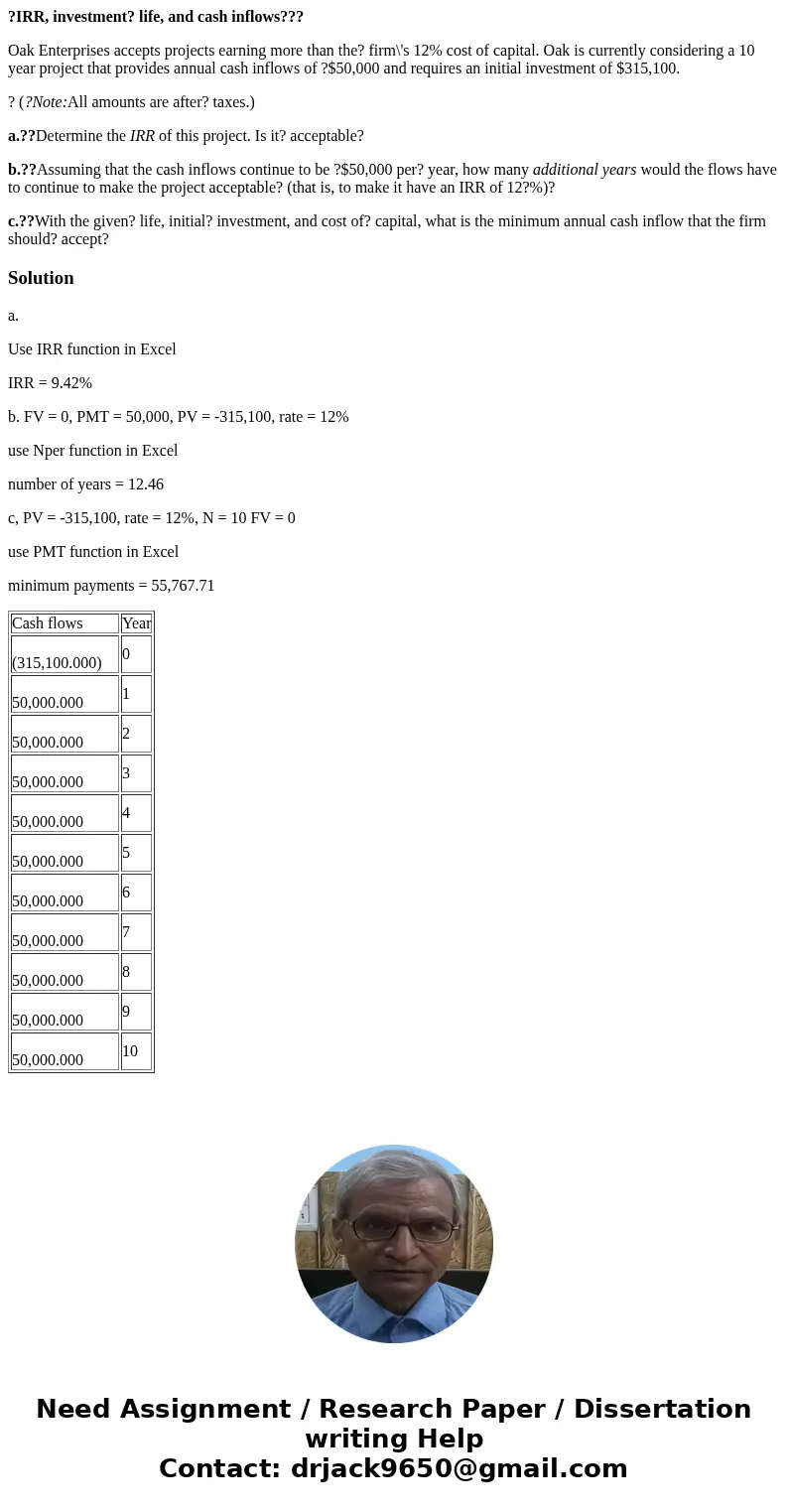 ?IRR, investment? life, and cash inflows??? Oak Enterprises accepts projects earning more than the? firm\'s 12% cost of capital. Oak is currently considering a  ?IRR, investment? life, and cash inflows??? Oak Enterprises accepts projects earning more than the? firm\'s 12% cost of capital. Oak is currently considering a