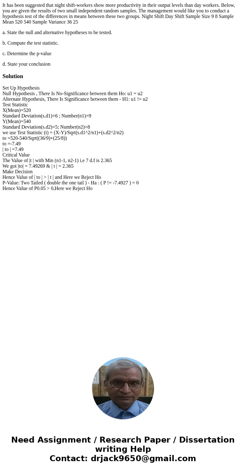 It has been suggested that night shift-workers show more productivity in their output levels than day workers. Below, you are given the results of two small ind