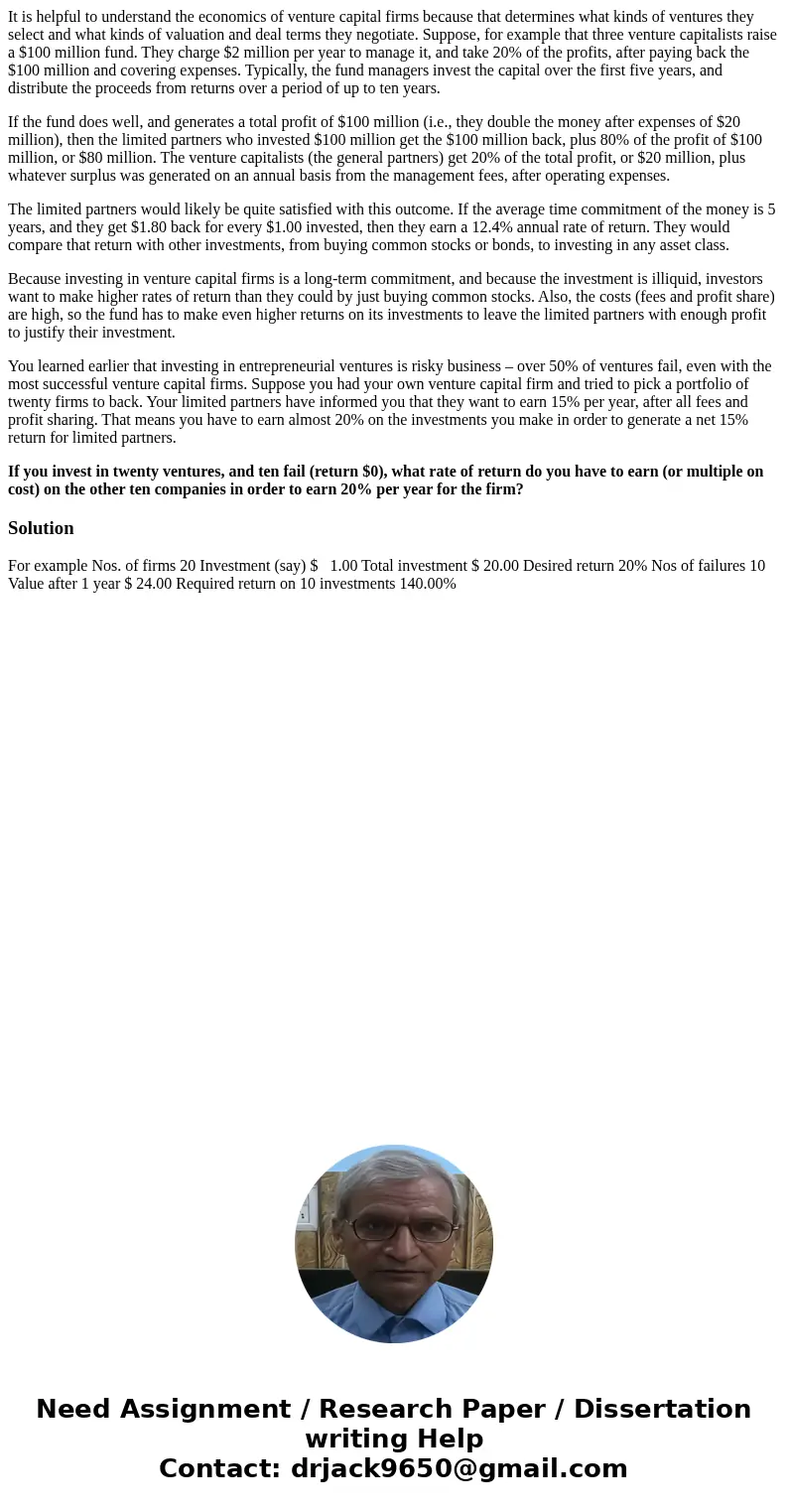 It is helpful to understand the economics of venture capital firms because that determines what kinds of ventures they select and what kinds of valuation and de It is helpful to understand the economics of venture capital firms because that determines what kinds of ventures they select and what kinds of valuation and de