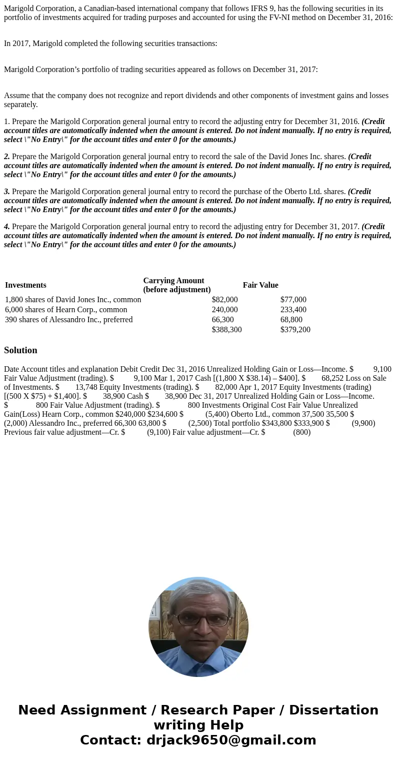 Marigold Corporation, a Canadian-based international company that follows IFRS 9, has the following securities in its portfolio of investments acquired for trad