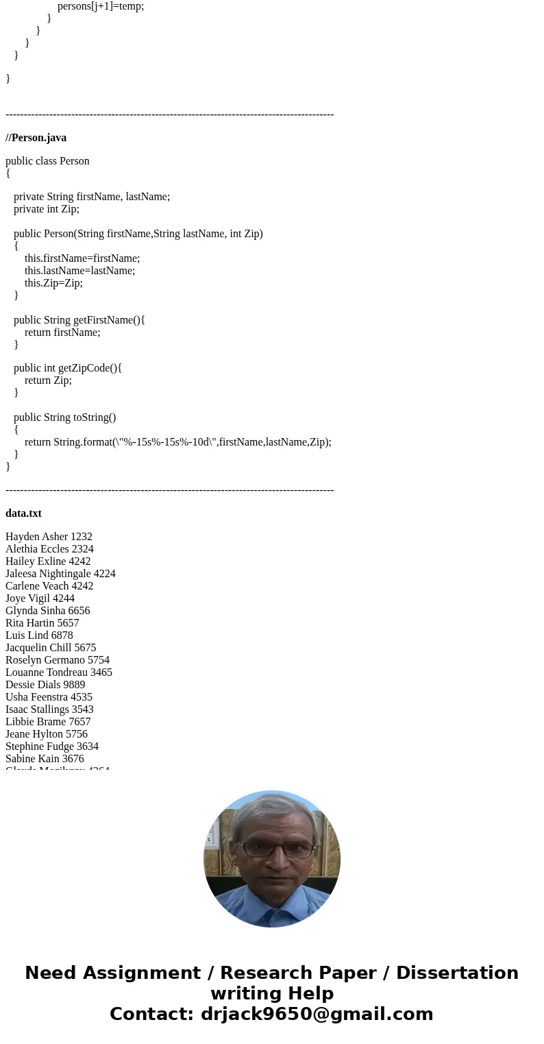 Modify the assignment by adding methods to the object to sort the array by last name and by zip code. The zipcode method should sort names in the same zip code  Modify the assignment by adding methods to the object to sort the array by last name and by zip code. The zipcode method should sort names in the same zip code