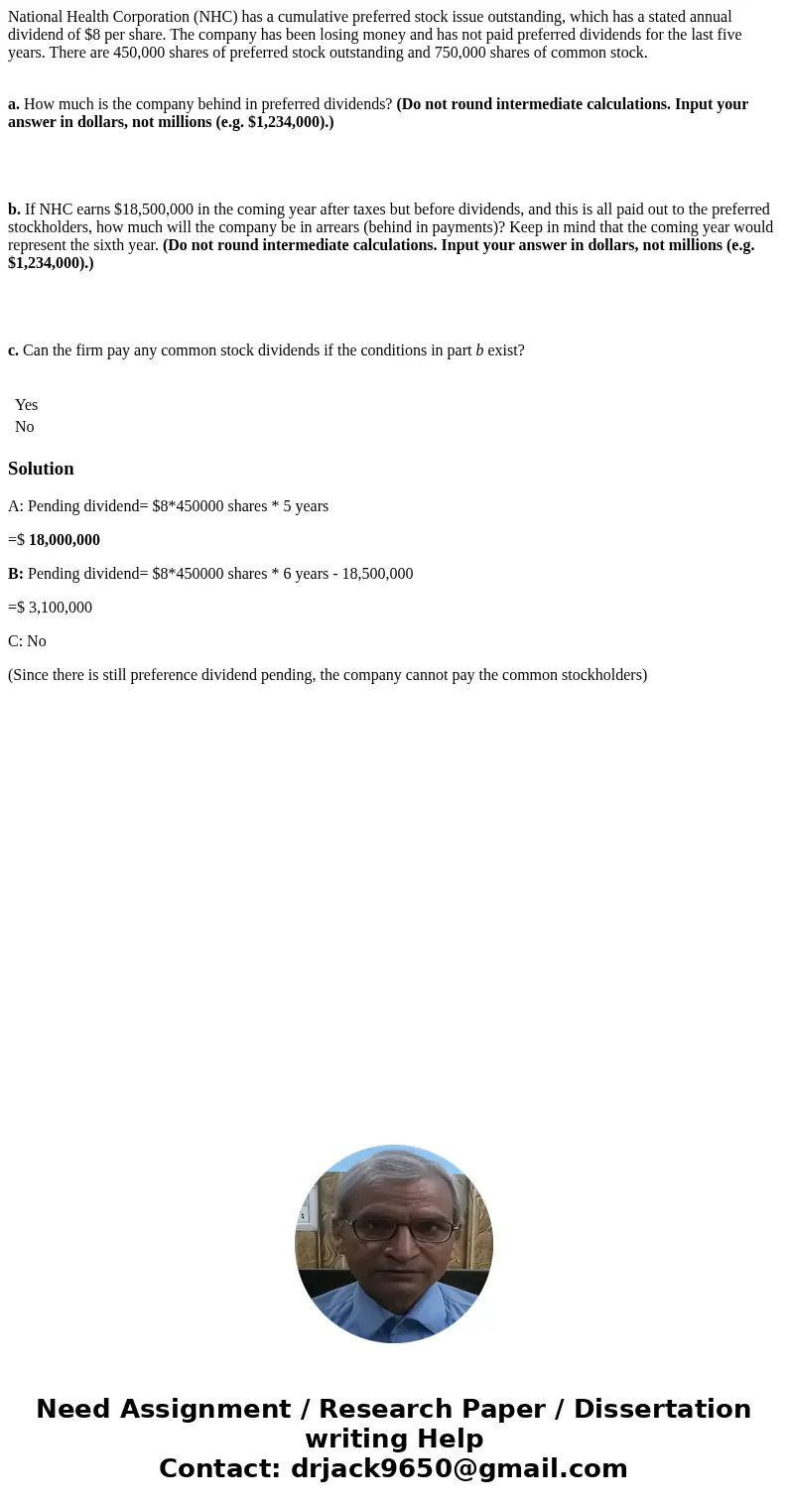 National Health Corporation (NHC) has a cumulative preferred stock issue outstanding, which has a stated annual dividend of $8 per share. The company has been l National Health Corporation (NHC) has a cumulative preferred stock issue outstanding, which has a stated annual dividend of $8 per share. The company has been l