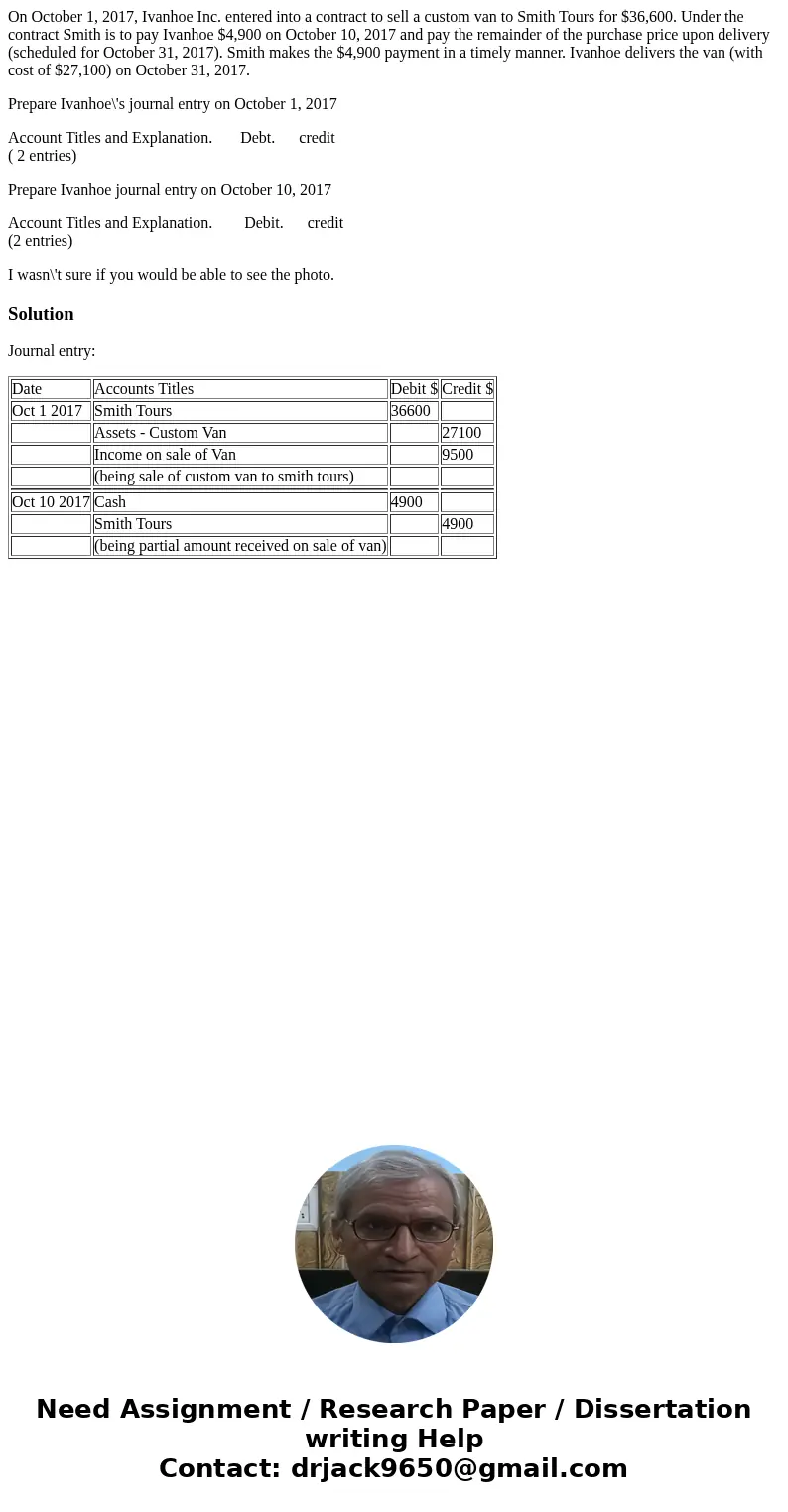 On October 1, 2017, Ivanhoe Inc. entered into a contract to sell a custom van to Smith Tours for $36,600. Under the contract Smith is to pay Ivanhoe $4,900 on   On October 1, 2017, Ivanhoe Inc. entered into a contract to sell a custom van to Smith Tours for $36,600. Under the contract Smith is to pay Ivanhoe $4,900 on