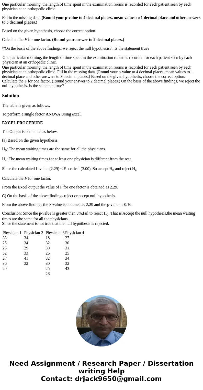 One particular morning, the length of time spent in the examination rooms is recorded for each patient seen by each physician at an orthopedic clinic. Fill in t