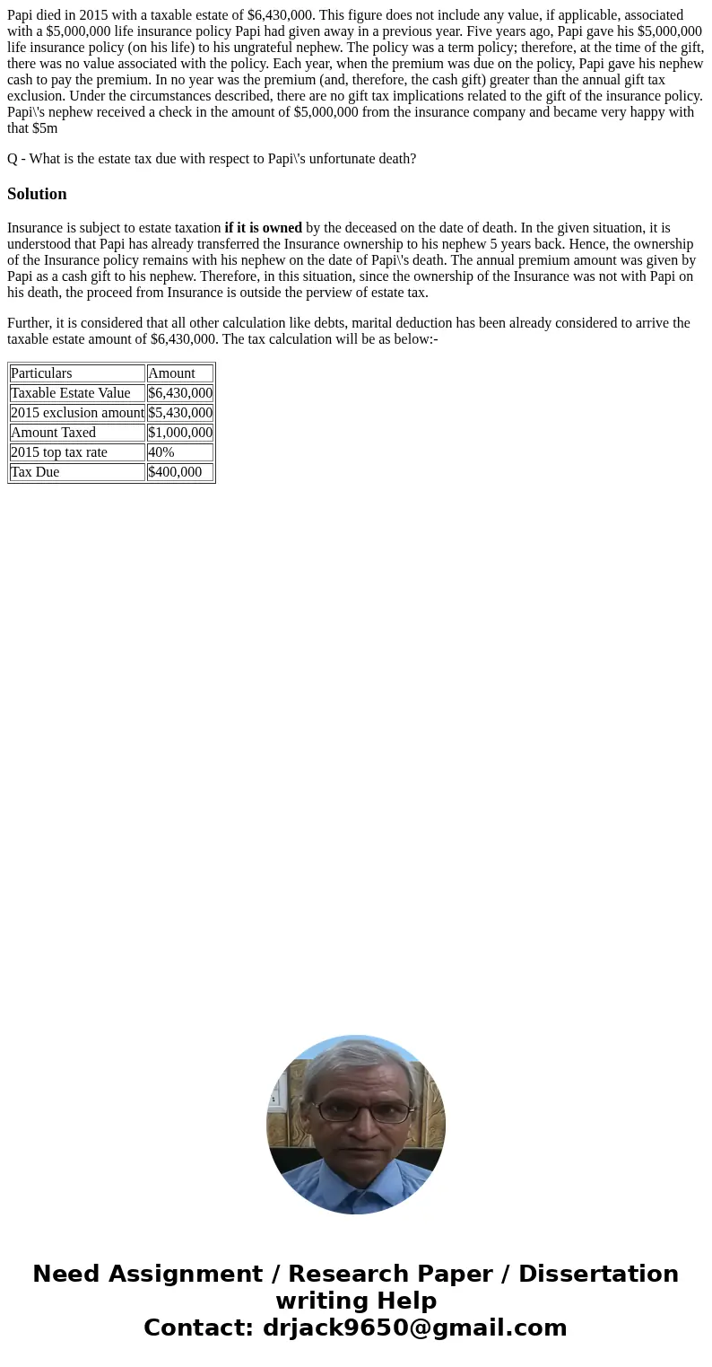 Papi died in 2015 with a taxable estate of $6,430,000. This figure does not include any value, if applicable, associated with a $5,000,000 life insurance policy
