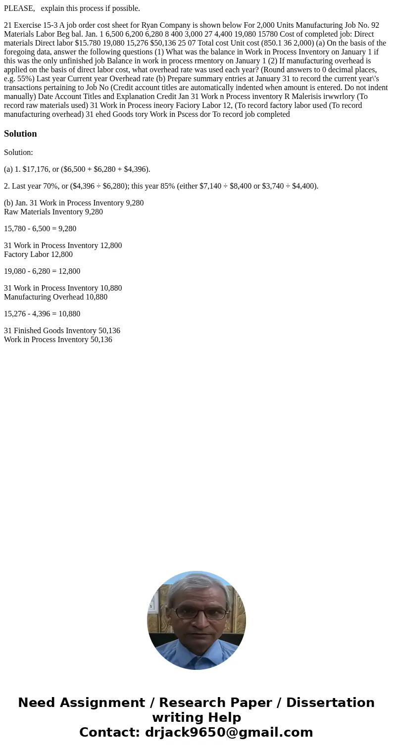PLEASE, explain this process if possible. 21 Exercise 15-3 A job order cost sheet for Ryan Company is shown below For 2,000 Units Manufacturing Job No. 92 Mate  PLEASE, explain this process if possible. 21 Exercise 15-3 A job order cost sheet for Ryan Company is shown below For 2,000 Units Manufacturing Job No. 92 Mate