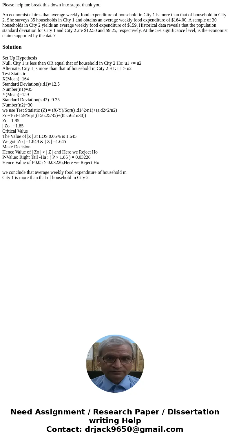 Please help me break this down into steps. thank you An economist claims that average weekly food expenditure of household in City 1 is more than that of househ Please help me break this down into steps. thank you An economist claims that average weekly food expenditure of household in City 1 is more than that of househ