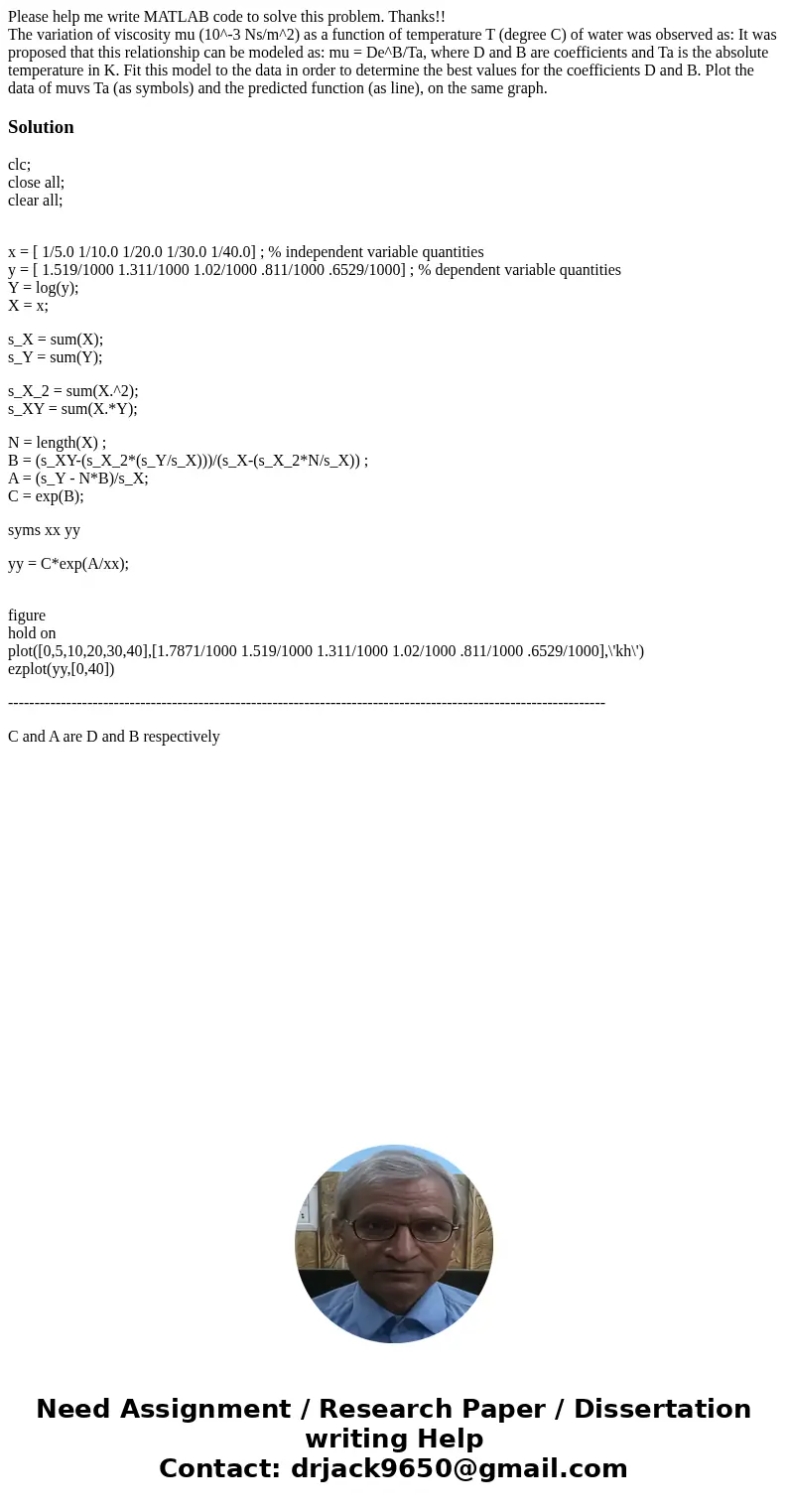 Please help me write MATLAB code to solve this problem. Thanks!! The variation of viscosity mu (10^-3 Ns/m^2) as a function of temperature T (degree C) of water Please help me write MATLAB code to solve this problem. Thanks!! The variation of viscosity mu (10^-3 Ns/m^2) as a function of temperature T (degree C) of water