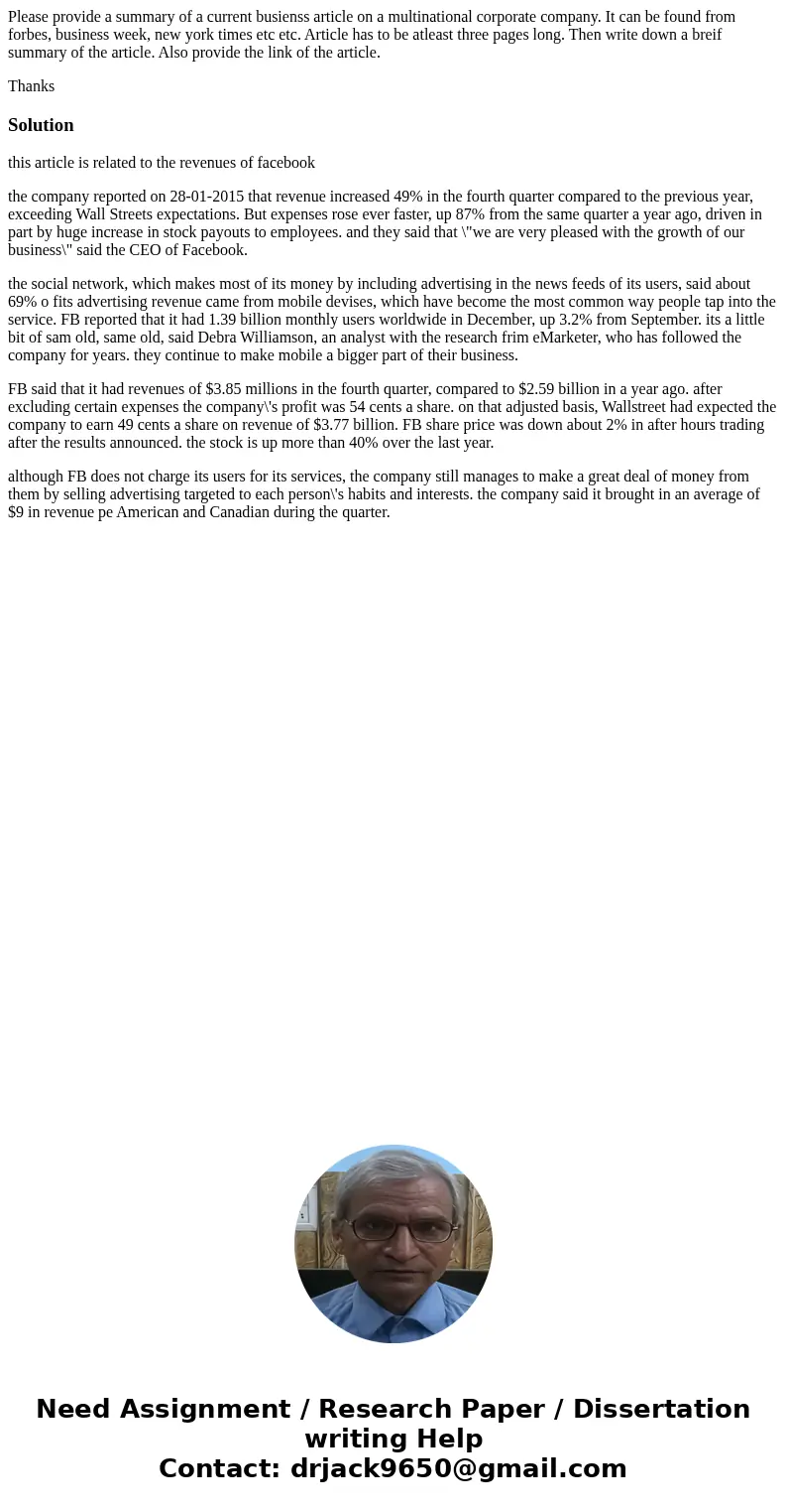Please provide a summary of a current busienss article on a multinational corporate company. It can be found from forbes, business week, new york times etc etc.