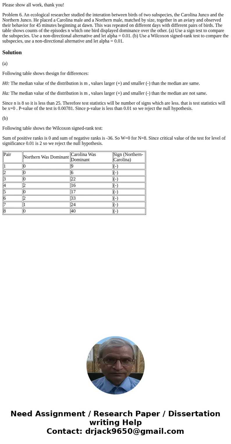 Please show all work, thank you! Problem 6. An ecological researcher studied the interation between birds of two subspecies, the Carolina Junco and the Northern