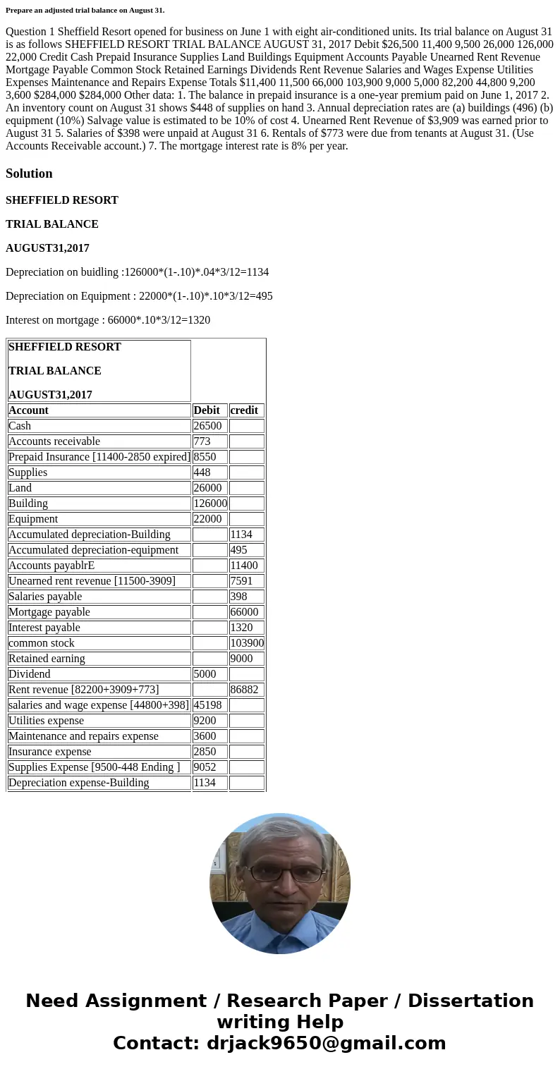 Prepare an adjusted trial balance on August 31. Question 1 Sheffield Resort opened for business on June 1 with eight air-conditioned units. Its trial balance on