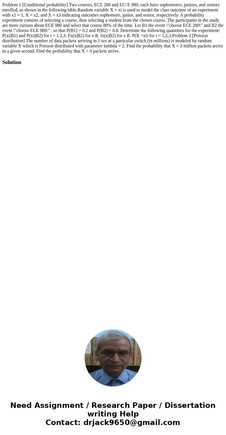  Problem 1 [Conditional probability] Two courses, ECE 280 and EC\'E 980, each have sophomores, juniors, and seniors enrolled, as shown in the following table.Ra