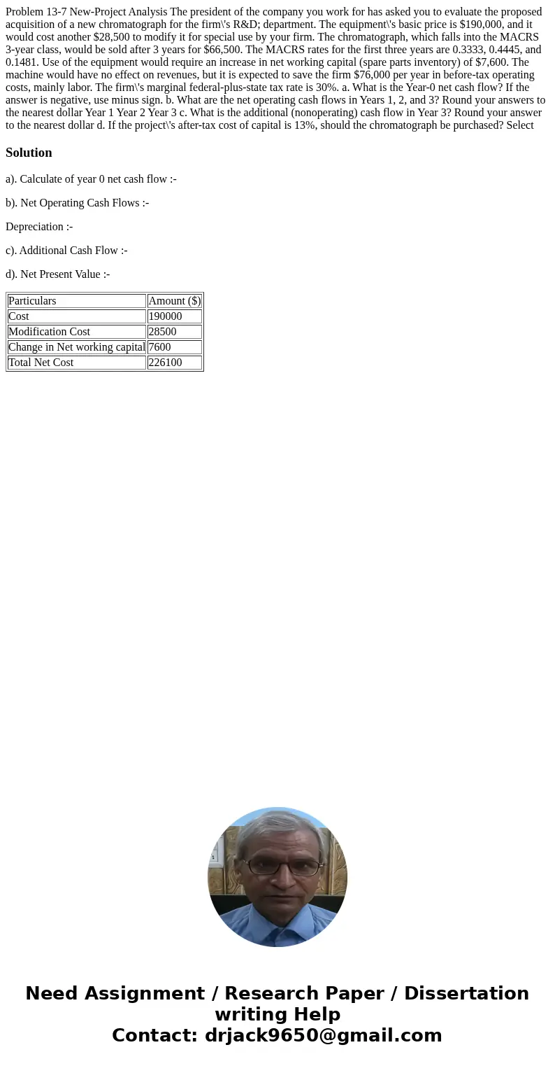  Problem 13-7 New-Project Analysis The president of the company you work for has asked you to evaluate the proposed acquisition of a new chromatograph for the f