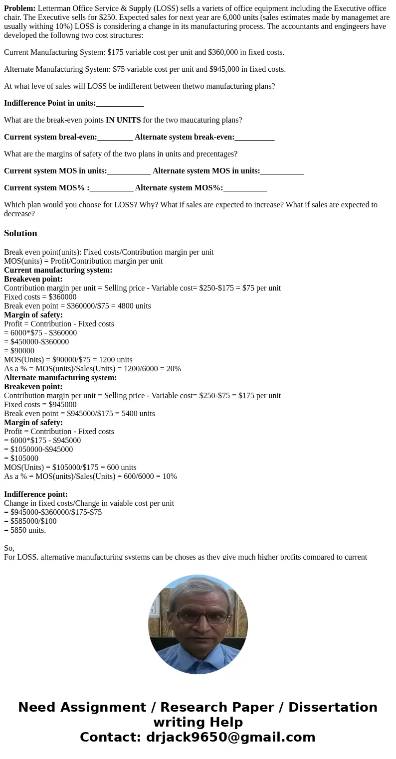 Problem: Letterman Office Service & Supply (LOSS) sells a variets of office equipment including the Executive office chair. The Executive sells for $250. Ex