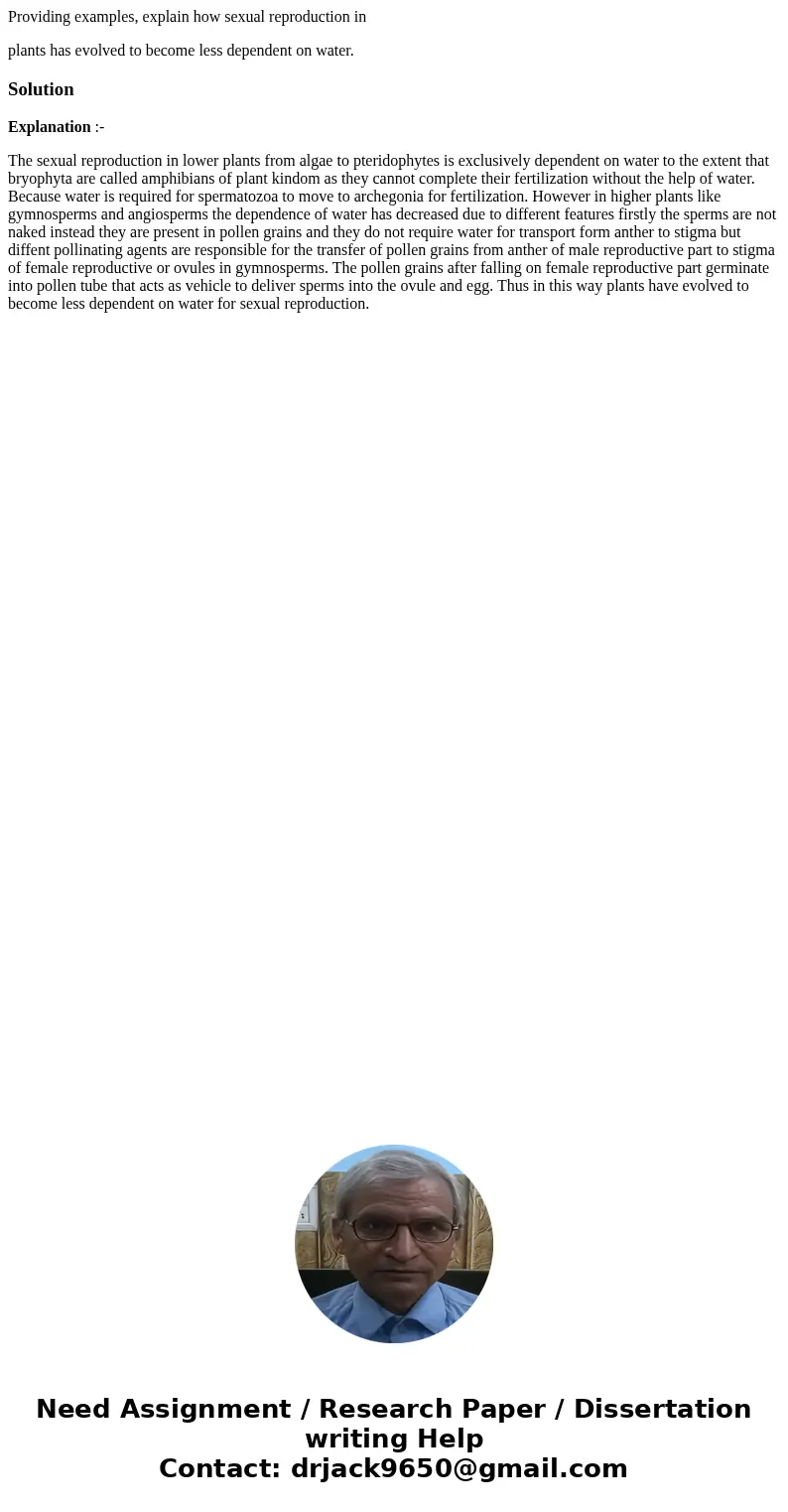 Providing examples, explain how sexual reproduction in plants has evolved to become less dependent on water.SolutionExplanation :- The sexual reproduction in lo