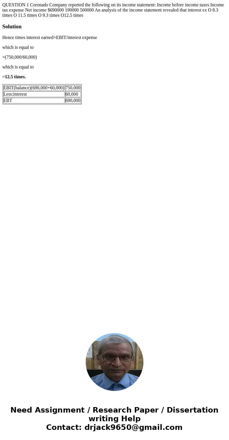  QUESTION 1 Coronado Company reported the following on its income statement: Income before income taxes Income tax expense Net income $690000 190000 500000 An a
