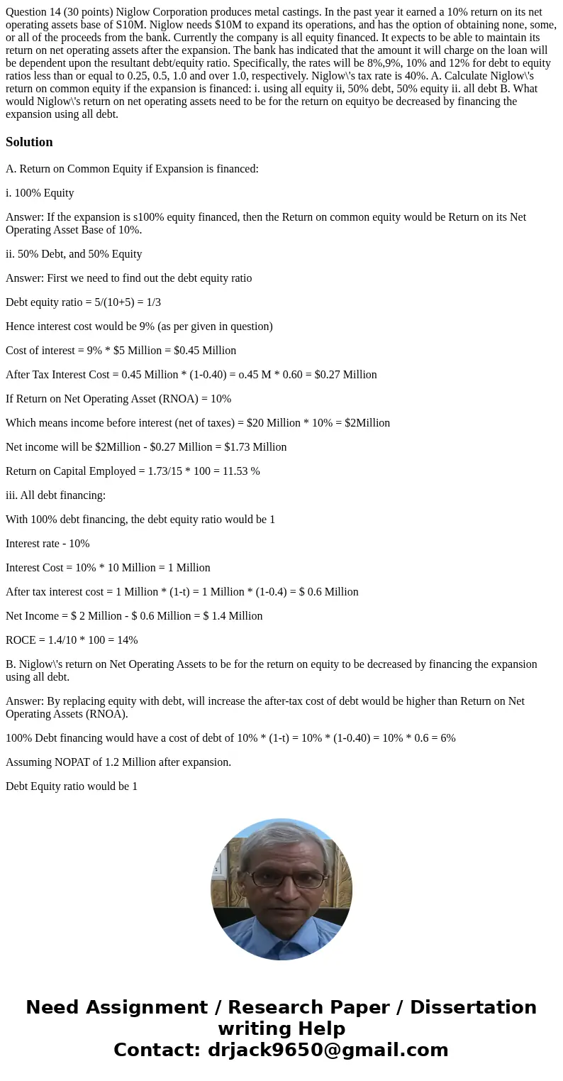 Question 14 (30 points) Niglow Corporation produces metal castings. In the past year it earned a 10% return on its net operating assets base of S10M. Niglow ne Question 14 (30 points) Niglow Corporation produces metal castings. In the past year it earned a 10% return on its net operating assets base of S10M. Niglow ne