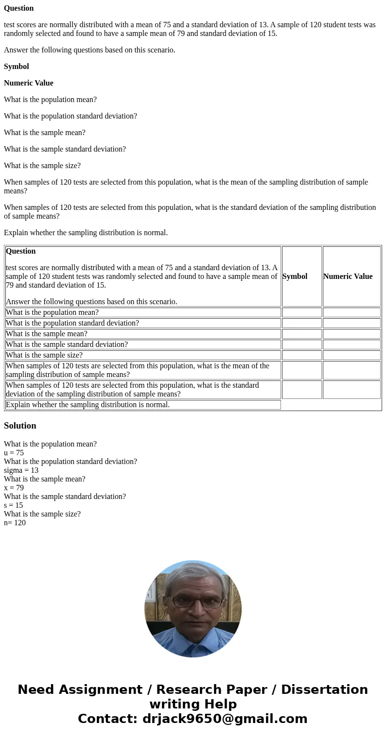 Question test scores are normally distributed with a mean of 75 and a standard deviation of 13. A sample of 120 student tests was randomly selected and found to