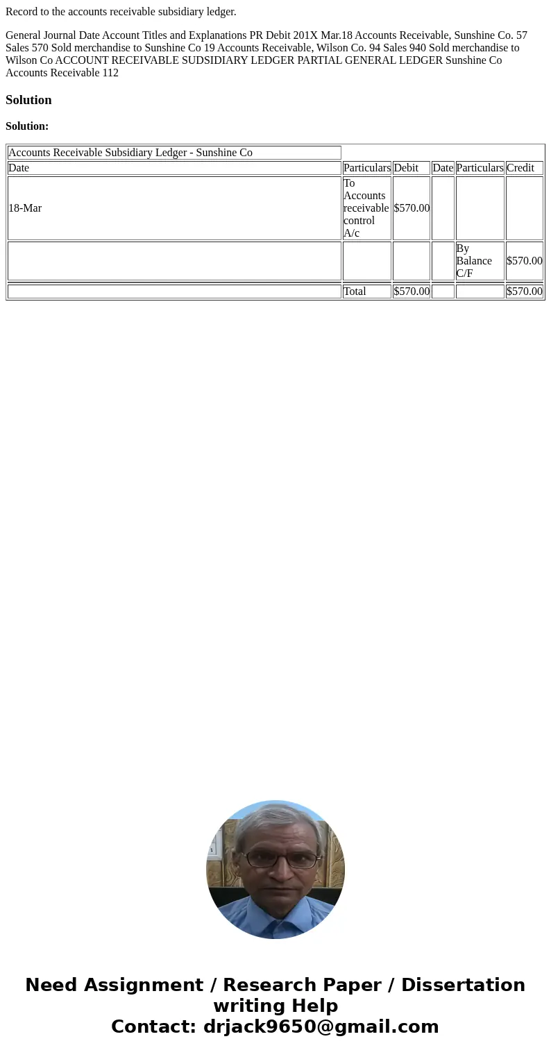Record to the accounts receivable subsidiary ledger. General Journal Date Account Titles and Explanations PR Debit 201X Mar.18 Accounts Receivable, Sunshine Co.