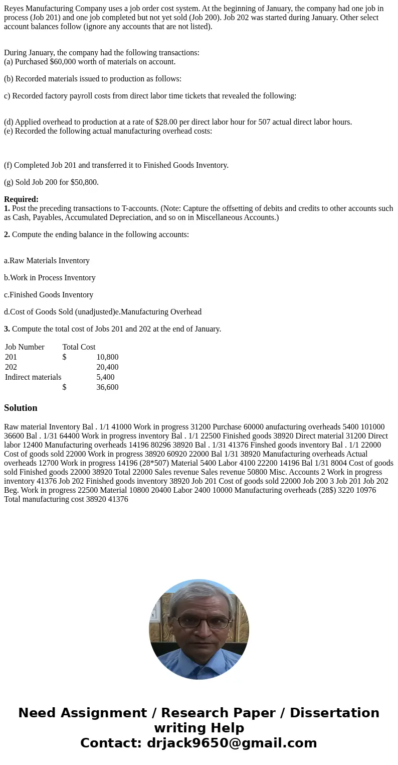 Reyes Manufacturing Company uses a job order cost system. At the beginning of January, the company had one job in process (Job 201) and one job completed but no