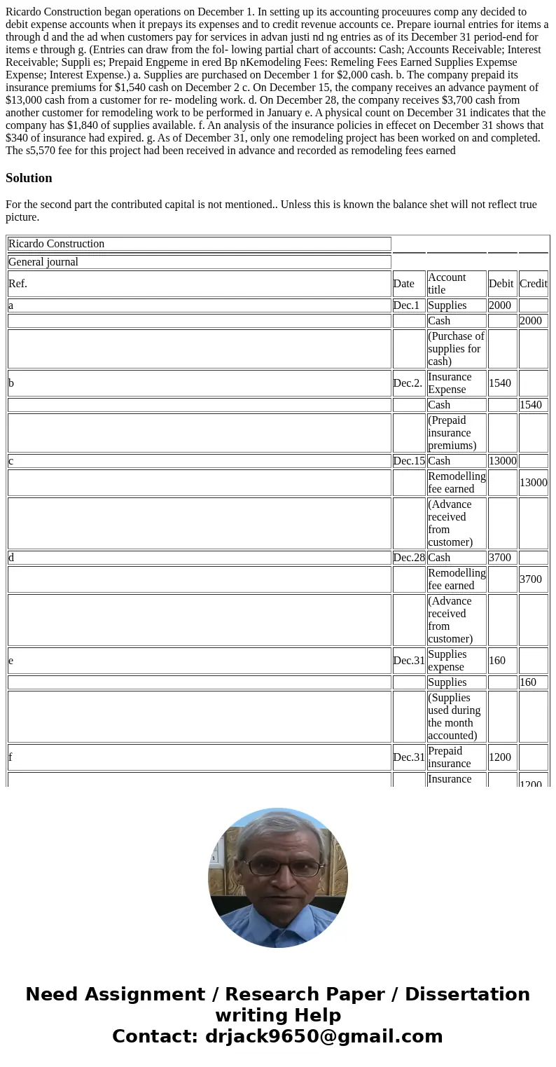  Ricardo Construction began operations on December 1. In setting up its accounting proceuures comp any decided to debit expense accounts when it prepays its exp