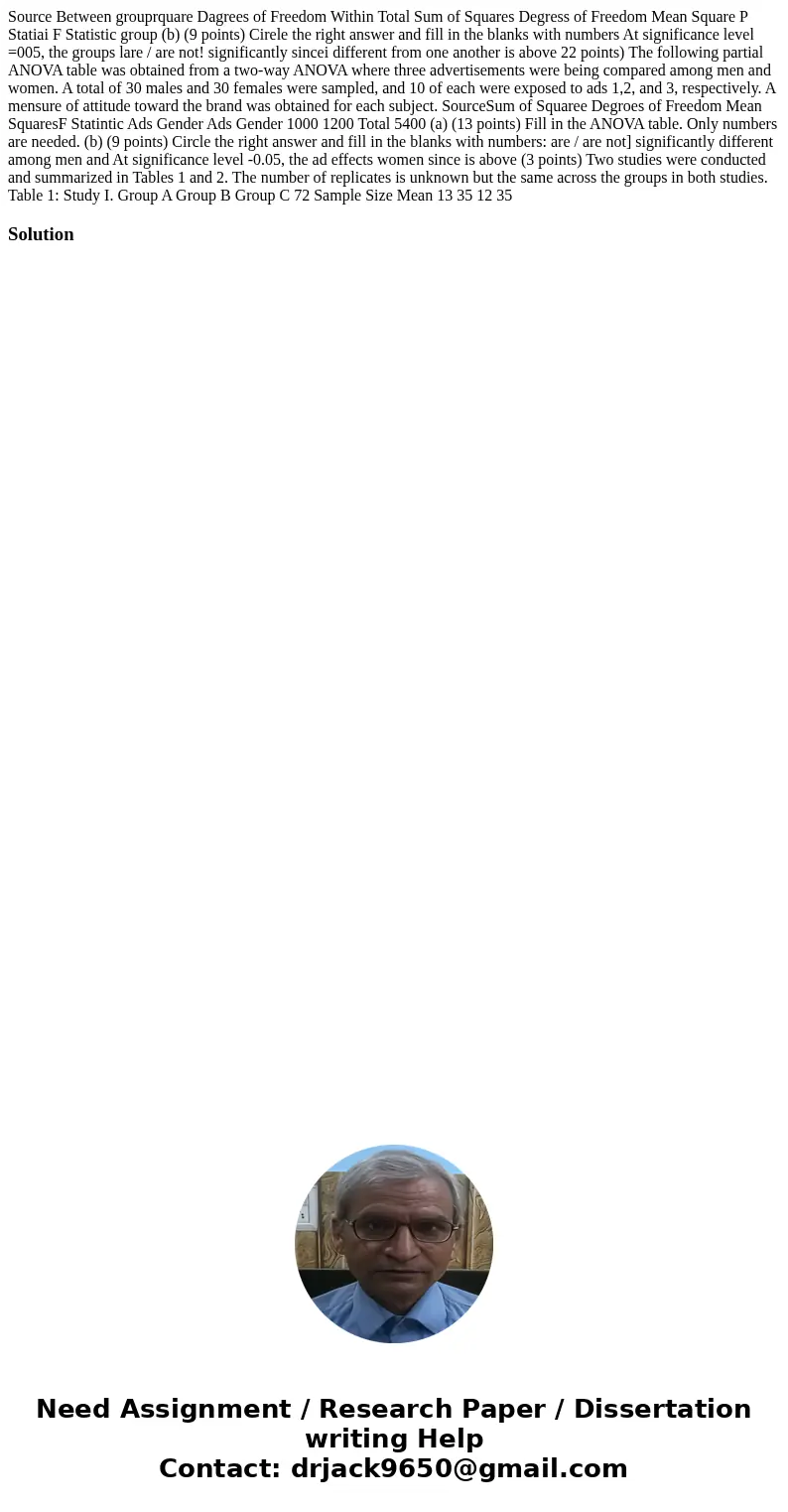  Source Between grouprquare Dagrees of Freedom Within Total Sum of Squares Degress of Freedom Mean Square P Statiai F Statistic group (b) (9 points) Cirele the 