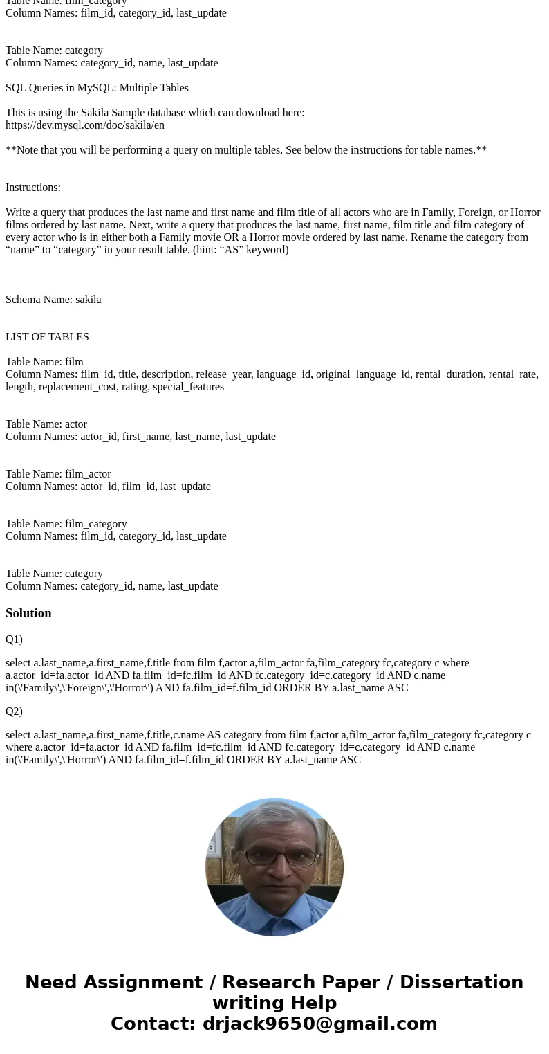 SQL Queries in MySQL: Multiple Tables This is using the Sakila Sample database which can download here: https://dev.mysql.com/doc/sakila/en **Note that you wil  SQL Queries in MySQL: Multiple Tables This is using the Sakila Sample database which can download here: https://dev.mysql.com/doc/sakila/en **Note that you wil