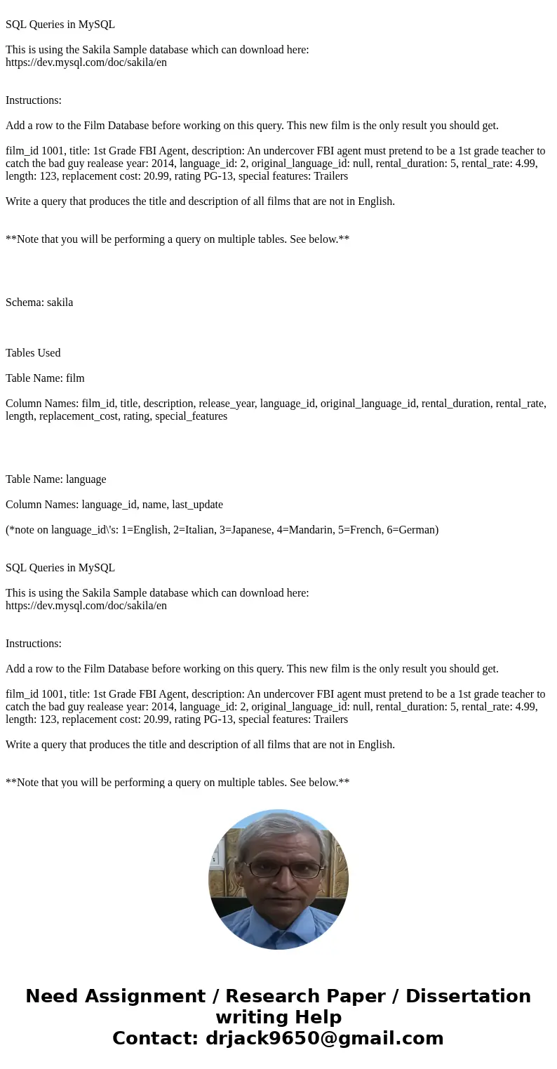 SQL Queries in MySQL This is using the Sakila Sample database which can download here: https://dev.mysql.com/doc/sakila/en Instructions: Add a row to the Film   SQL Queries in MySQL This is using the Sakila Sample database which can download here: https://dev.mysql.com/doc/sakila/en Instructions: Add a row to the Film