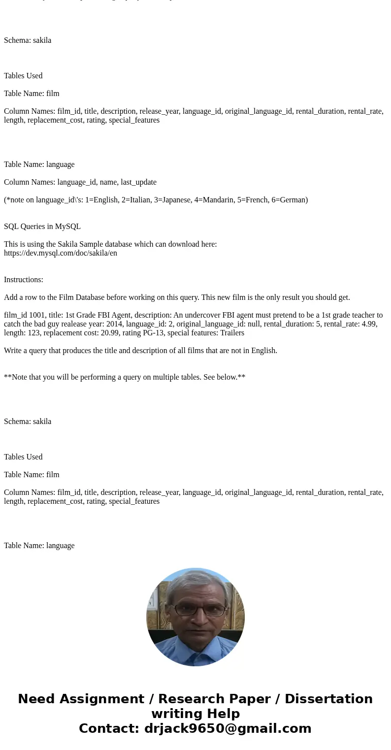 SQL Queries in MySQL This is using the Sakila Sample database which can download here: https://dev.mysql.com/doc/sakila/en Instructions: Add a row to the Film   SQL Queries in MySQL This is using the Sakila Sample database which can download here: https://dev.mysql.com/doc/sakila/en Instructions: Add a row to the Film