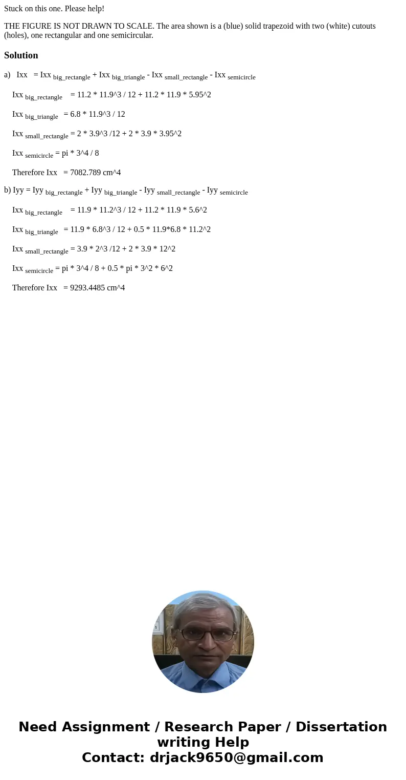 Stuck on this one. Please help! THE FIGURE IS NOT DRAWN TO SCALE. The area shown is a (blue) solid trapezoid with two (white) cutouts (holes), one rectangular a