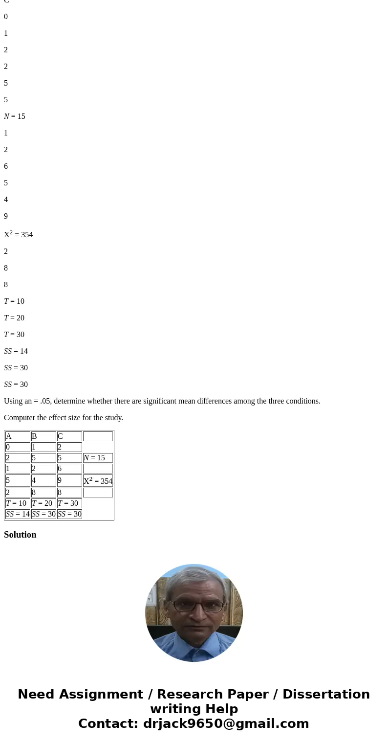 The following data are from an experiment comparing three different treatment conditions for each of 5 people (i.e. each person was exposed to condition A, B, a The following data are from an experiment comparing three different treatment conditions for each of 5 people (i.e. each person was exposed to condition A, B, a