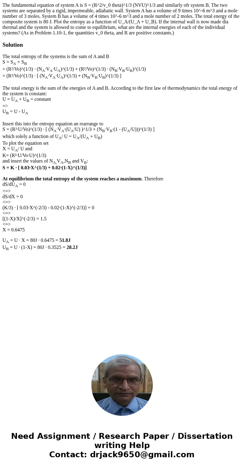  The fundamental equation of system A is S = (R^2/v_0 theta)^1/3 (NVU)^1/3 and similarly ofr system B. The two systems are separated by a rigid, impermeable, ad