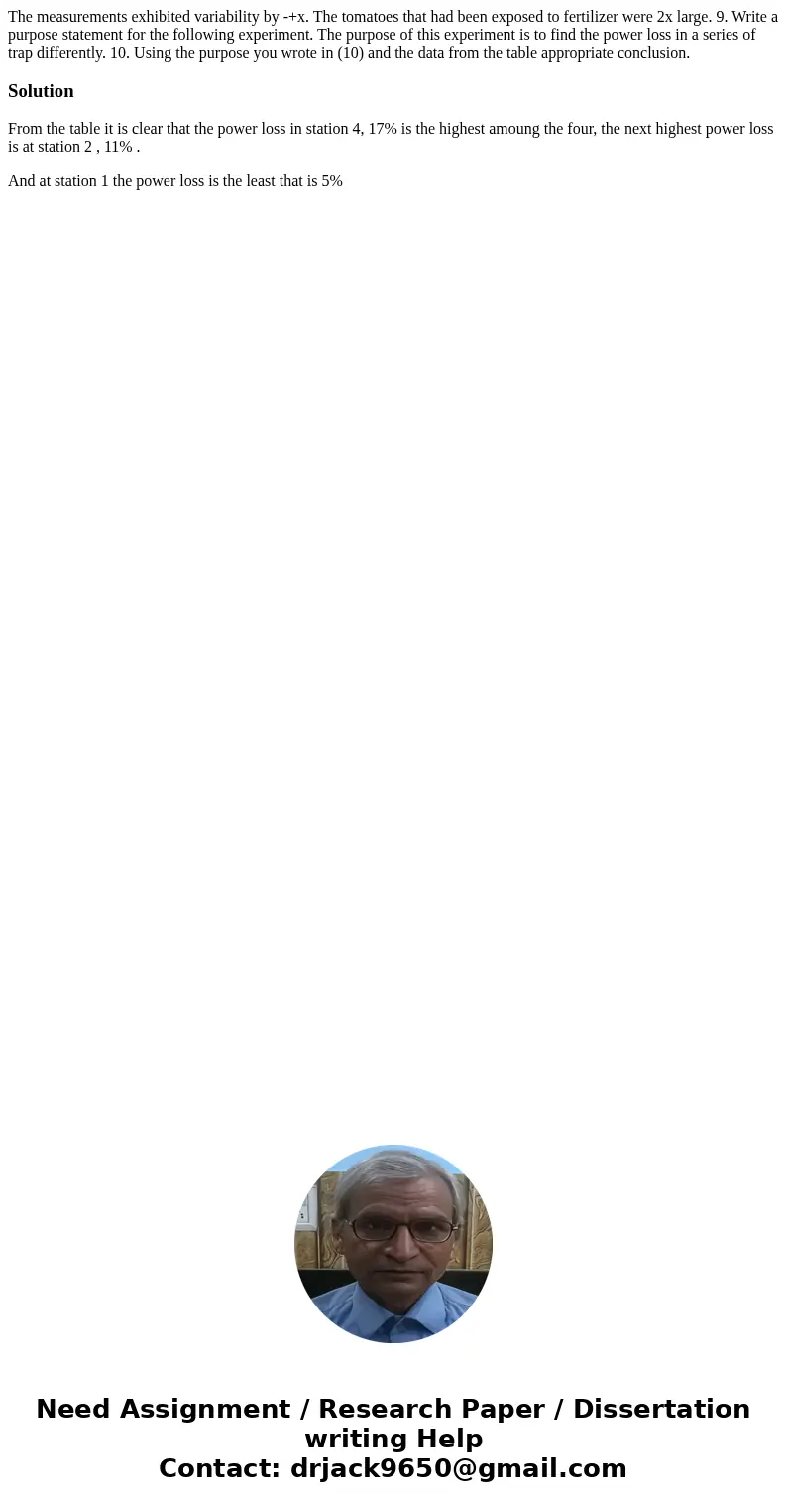  The measurements exhibited variability by -+x. The tomatoes that had been exposed to fertilizer were 2x large. 9. Write a purpose statement for the following e