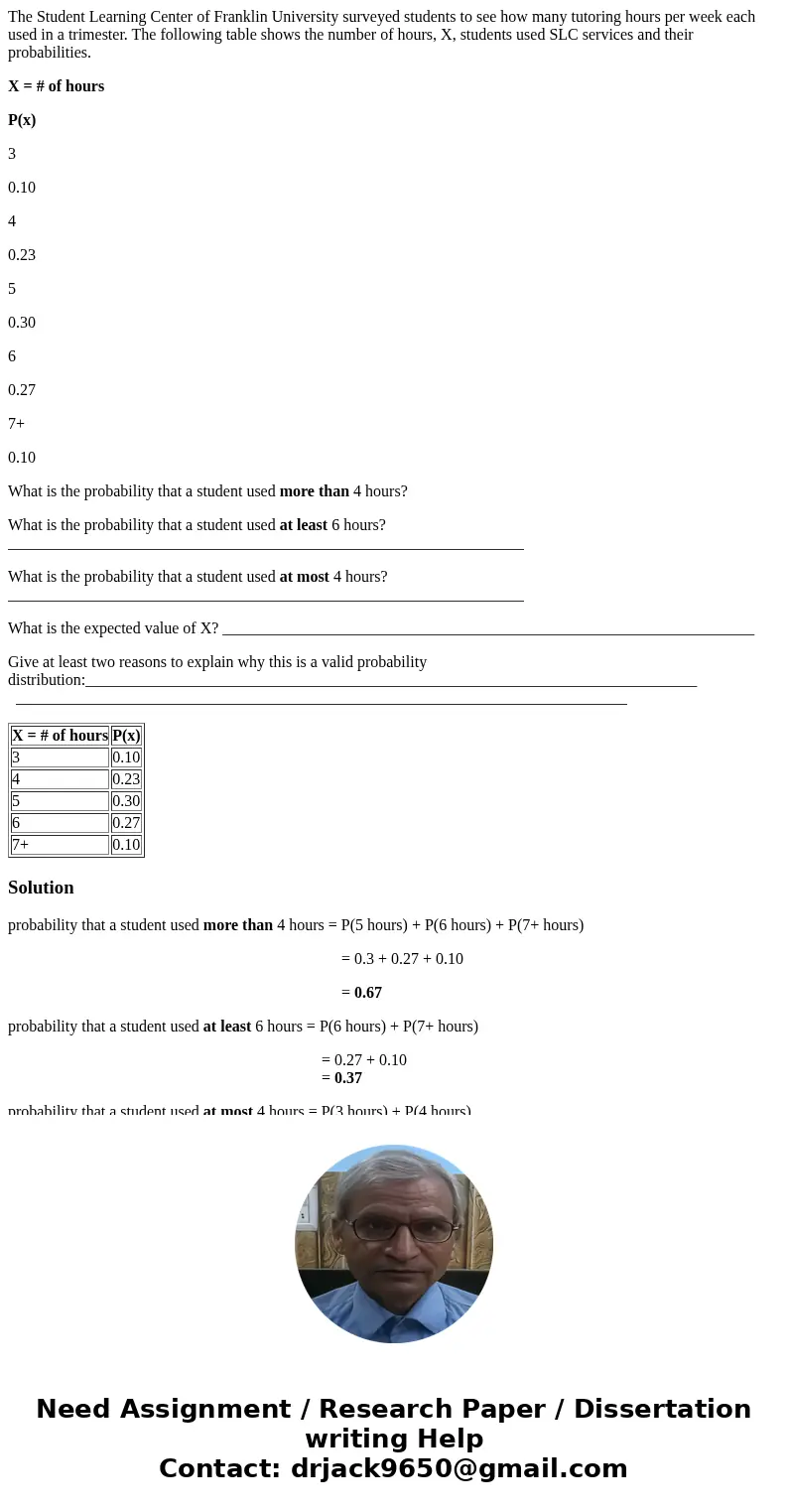 The Student Learning Center of Franklin University surveyed students to see how many tutoring hours per week each used in a trimester. The following table shows