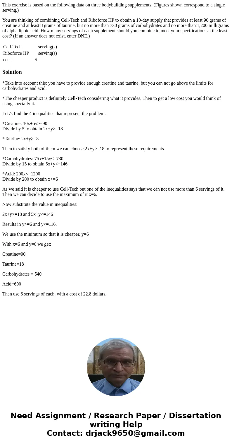 This exercise is based on the following data on three bodybuilding supplements. (Figures shown correspond to a single serving.) You are thinking of combining Ce This exercise is based on the following data on three bodybuilding supplements. (Figures shown correspond to a single serving.) You are thinking of combining Ce
