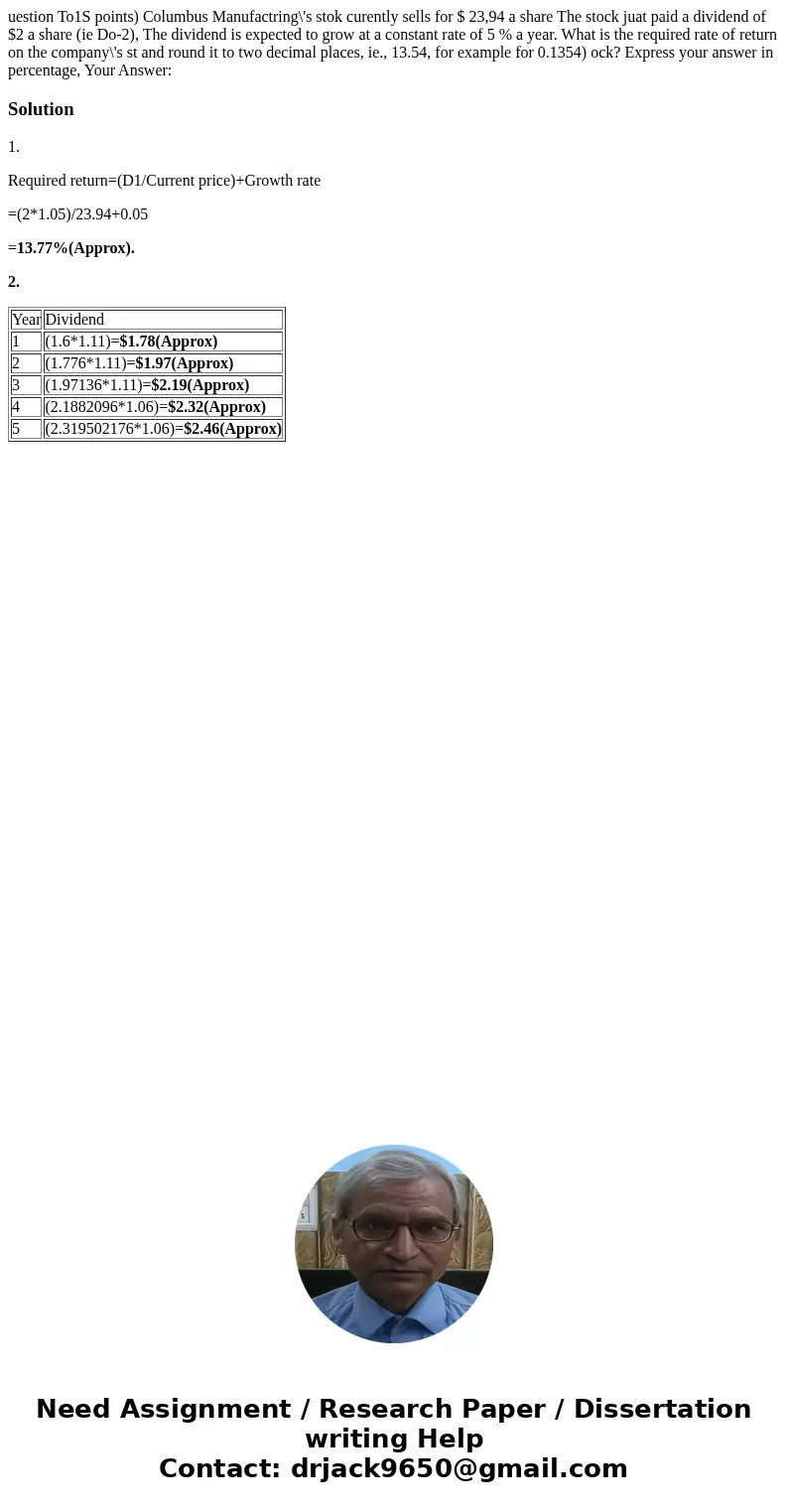 uestion To1S points) Columbus Manufactring\'s stok curently sells for $ 23,94 a share The stock juat paid a dividend of $2 a share (ie Do-2), The dividend is e uestion To1S points) Columbus Manufactring\'s stok curently sells for $ 23,94 a share The stock juat paid a dividend of $2 a share (ie Do-2), The dividend is e