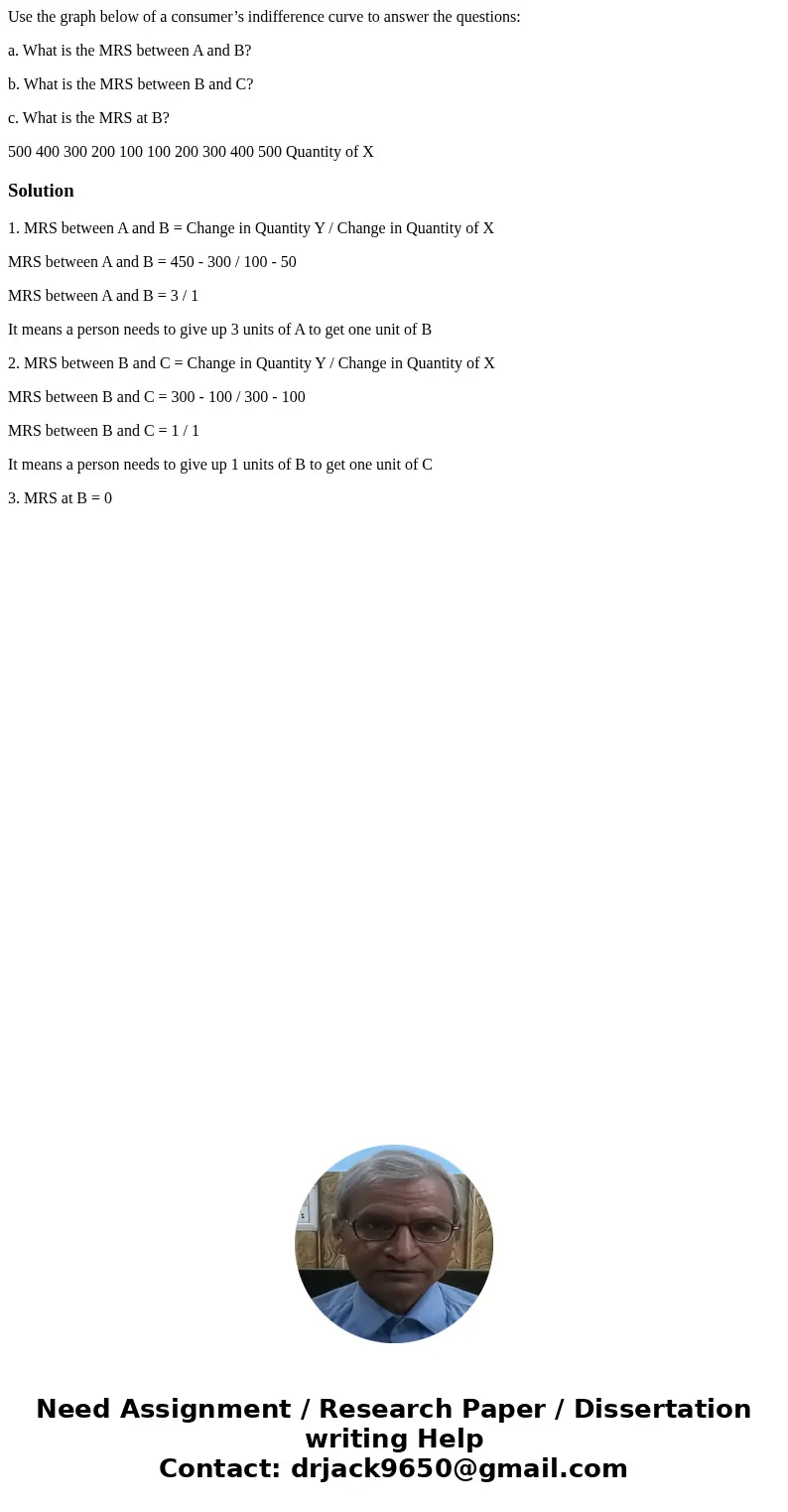 Use the graph below of a consumer’s indifference curve to answer the questions: a. What is the MRS between A and B? b. What is the MRS between B and C? c. What  Use the graph below of a consumer’s indifference curve to answer the questions: a. What is the MRS between A and B? b. What is the MRS between B and C? c. What