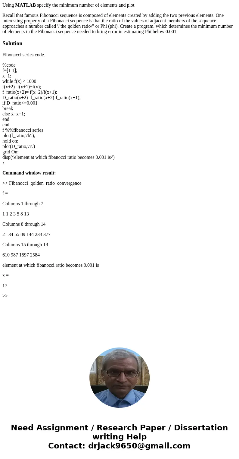 Using MATLAB specify the minimum number of elements and plot Recall that famous Fibonacci sequence is composed of elements created by adding the two previous el Using MATLAB specify the minimum number of elements and plot Recall that famous Fibonacci sequence is composed of elements created by adding the two previous el