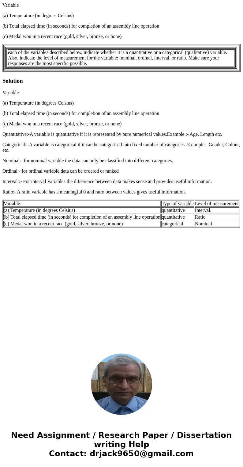 Variable (a) Temperature (in degrees Celsius) (b) Total elapsed time (in seconds) for completion of an assembly line operation (c) Medal won in a recent race (g Variable (a) Temperature (in degrees Celsius) (b) Total elapsed time (in seconds) for completion of an assembly line operation (c) Medal won in a recent race (g