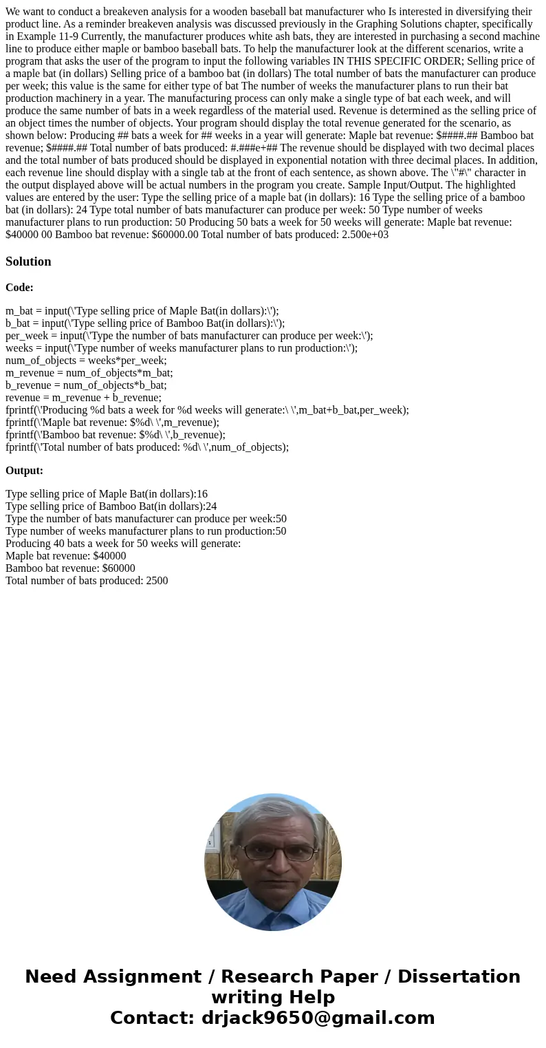  We want to conduct a breakeven analysis for a wooden baseball bat manufacturer who Is interested in diversifying their product line. As a reminder breakeven an