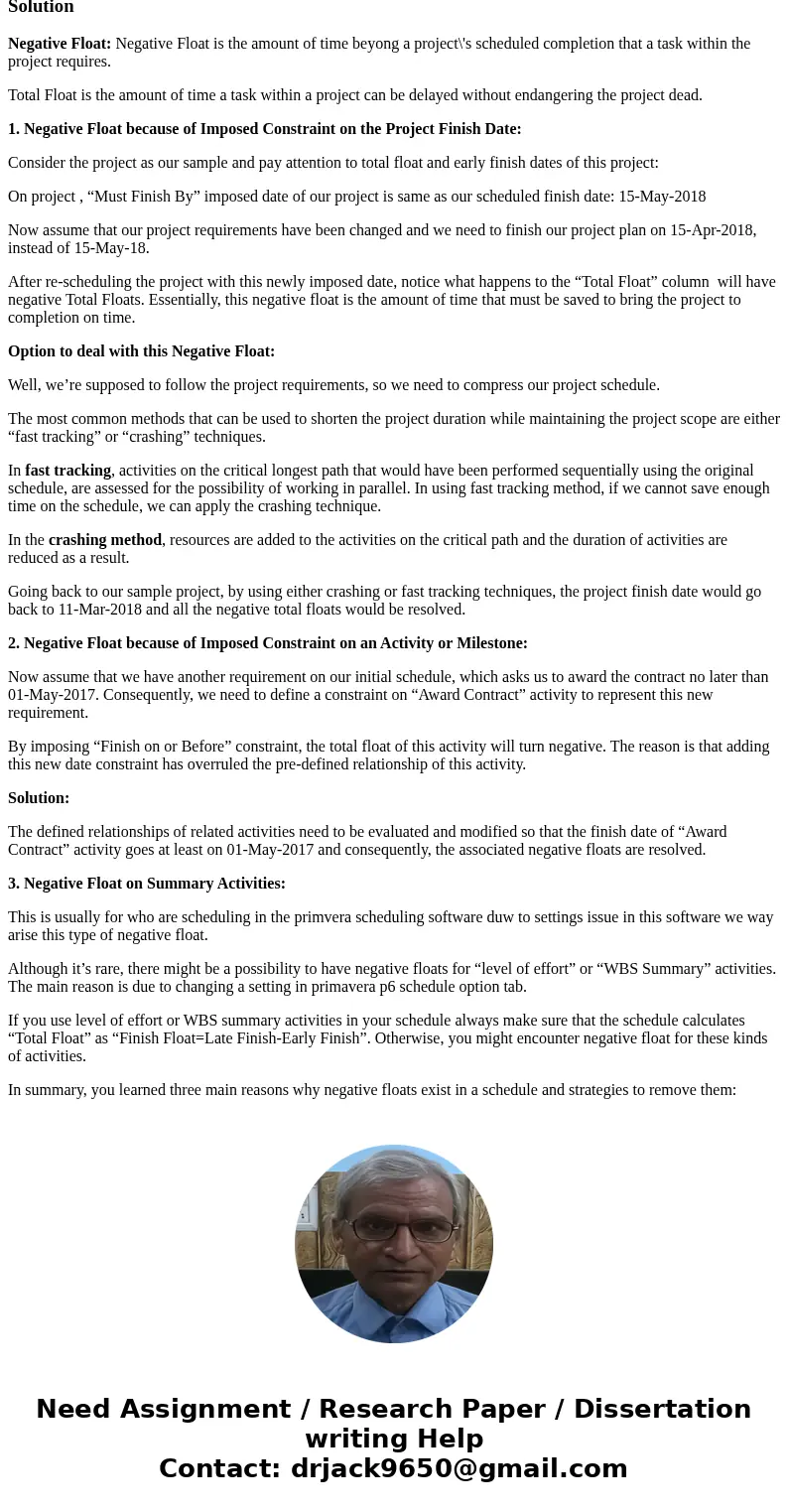 What does it mean when your schedule has negative float? If you are the Project Manager or lead scheduler, what are your options to deal with negative float?Sol What does it mean when your schedule has negative float? If you are the Project Manager or lead scheduler, what are your options to deal with negative float?Sol