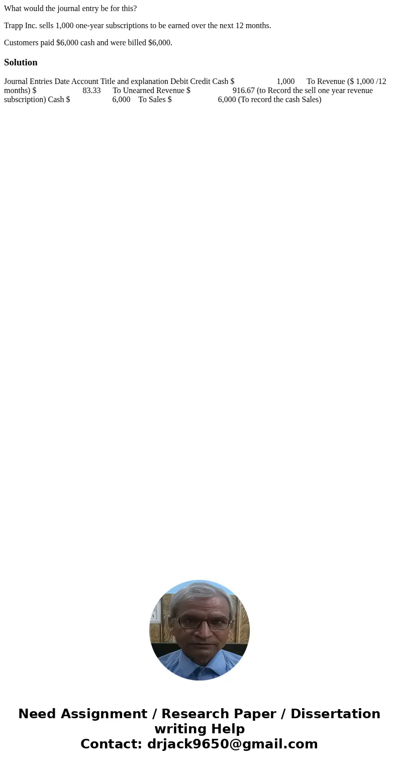 What would the journal entry be for this? Trapp Inc. sells 1,000 one-year subscriptions to be earned over the next 12 months. Customers paid $6,000 cash and wer