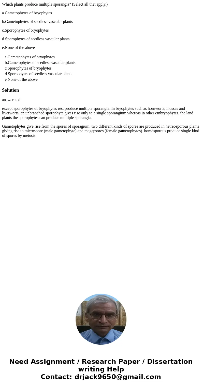 Which plants produce multiple sporangia? (Select all that apply.) a.Gametophytes of bryophytes b.Gametophytes of seedless vascular plants c.Sporophytes of bryop