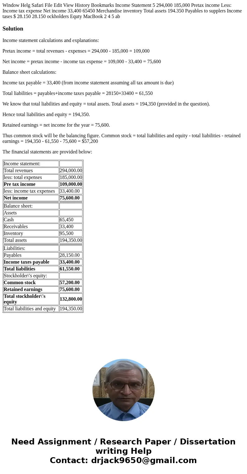  Window Helg Safari File Edit View History Bookmarks Income Statement 5 294,000 185,000 Pretax income Less: Income tax expense Net income 33,400 65450 Merchandi